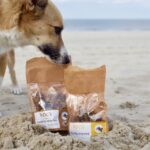W piasku na plaży stoją dwa opakowania przysmaków dla psów marki Rogy. Zagląda do nich piesek